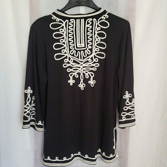 Boho Blouse Black White Embroidered Short Sleeve Peasant Gypsy Art Women XL FLAW - Picture 4 of 9